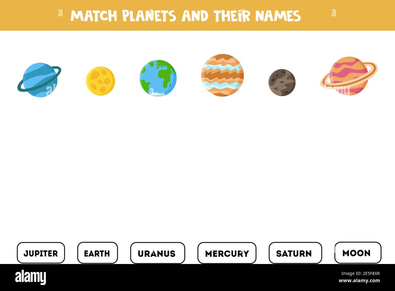 Match pianeti e i loro nomi. Gioco educativo per bambini. Foglio di lavoro di lettura per i bambini. Illustrazione Vettoriale