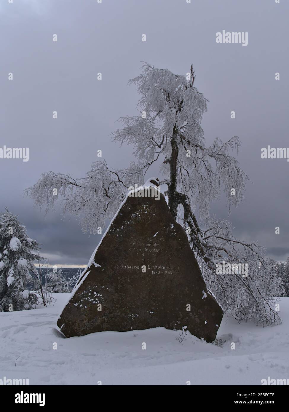 Grande lapide (masso di arenaria) in ricordo di Bundesvater Dinkelacker, fondatore della Swabian Ski Association nella stagione invernale con neve. Foto Stock
