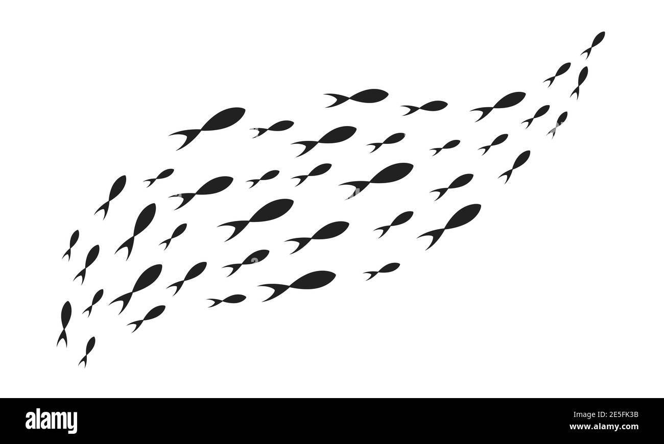 Sagome scuola di pesce con vita marina di varie dimensioni pesci nuoto piatto stile disegno vettoriale illustrazione. Colonia di grandi e piccoli animali marini. Illustrazione Vettoriale
