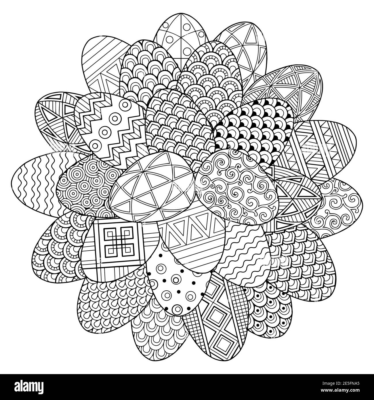 Buona Pasqua. Set di uova di pasqua bianche e nere. Libro da colorare per adulti per relax e meditazione. Elementi vettoriali isolati su un bianco Illustrazione Vettoriale
