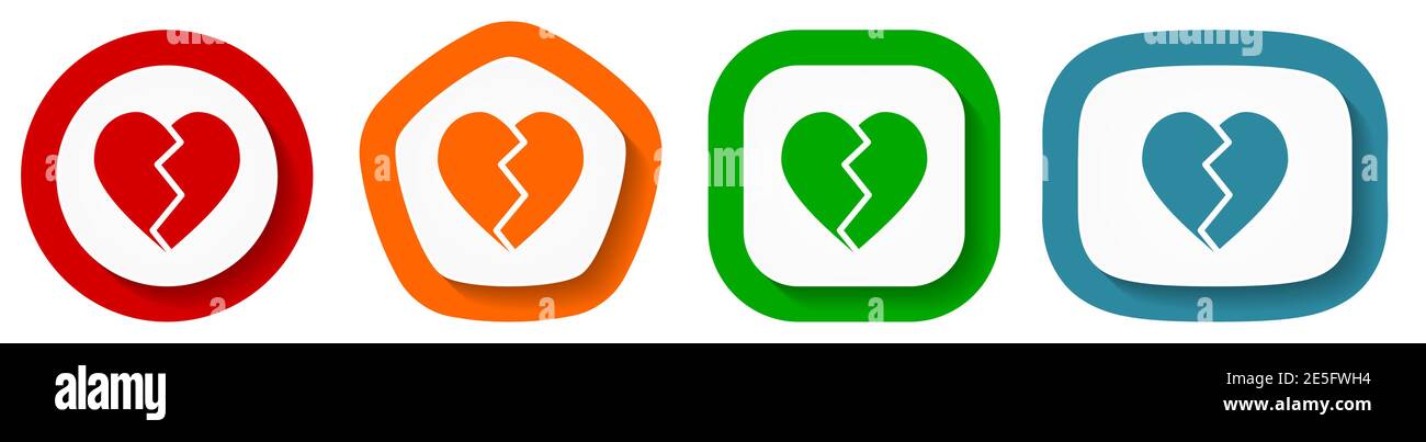 Set di icone vettoriali cardiache spezzate, pulsanti di disegno piatti su sfondo bianco Illustrazione Vettoriale