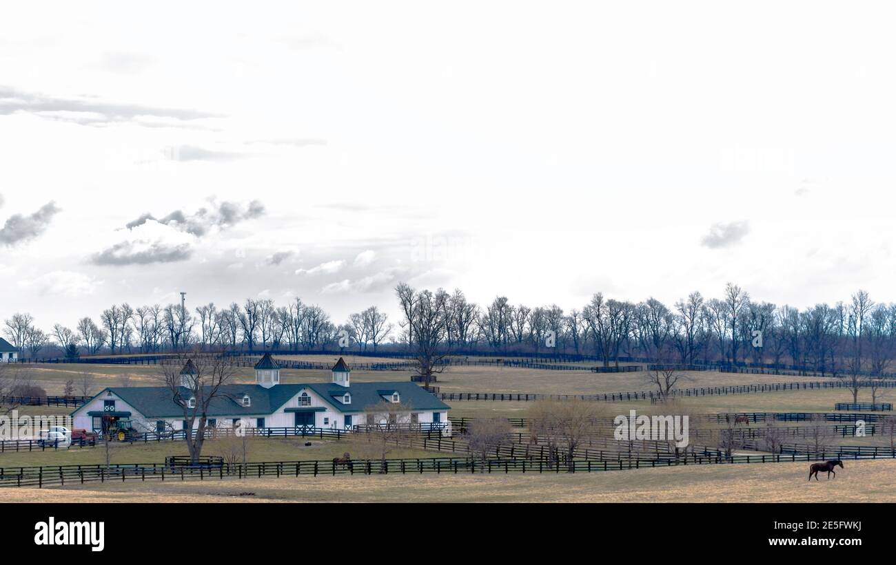 Fienili e pascoli di una fattoria di cavalli a Lexington, Kentucky in inverno Foto Stock