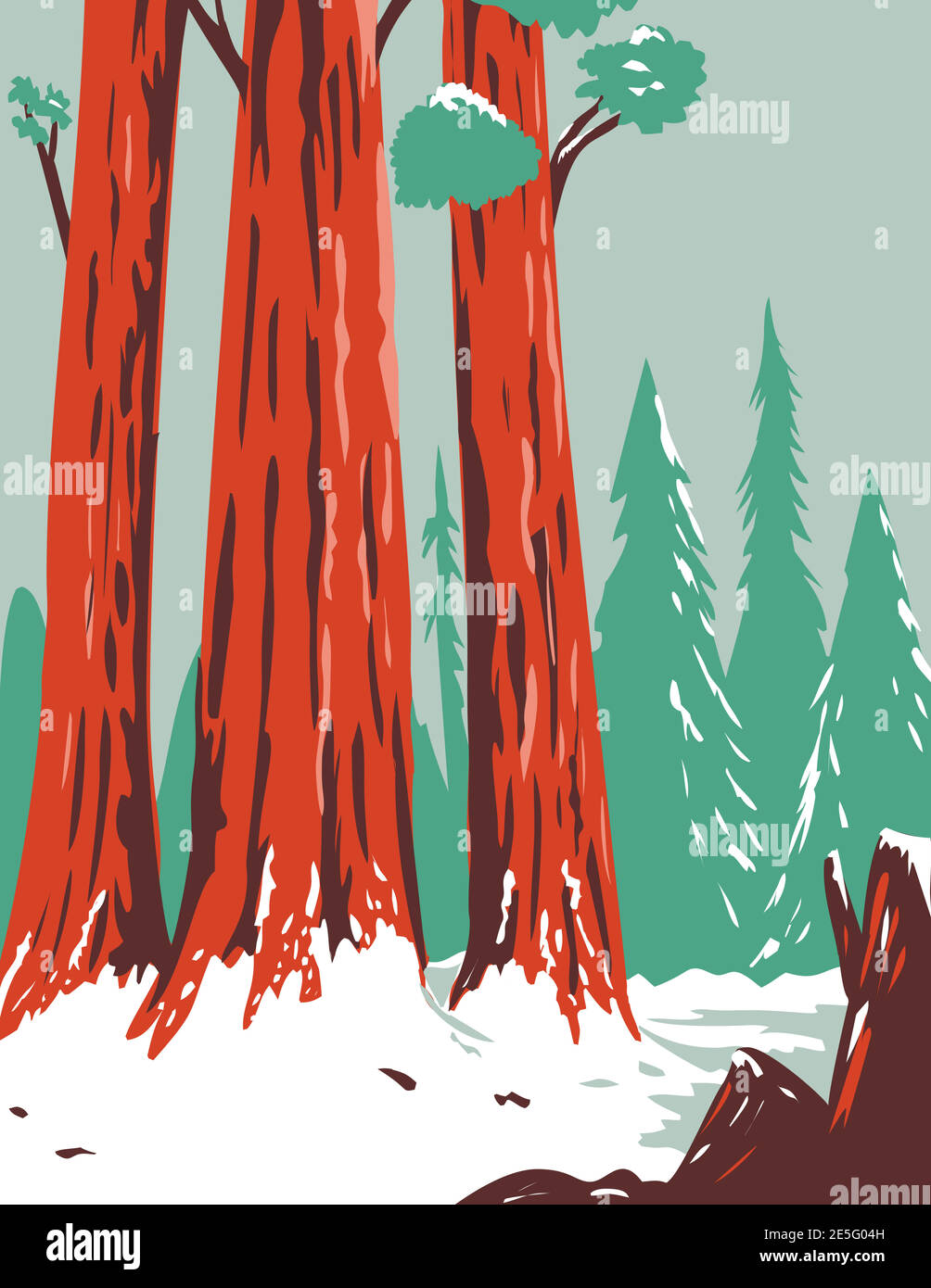 Poster WPA dell'arte Redwood National e state Park durante l'inverno con le sequoie costiere situate nel nord della California, Stati Uniti fatto in progetto di opere Illustrazione Vettoriale