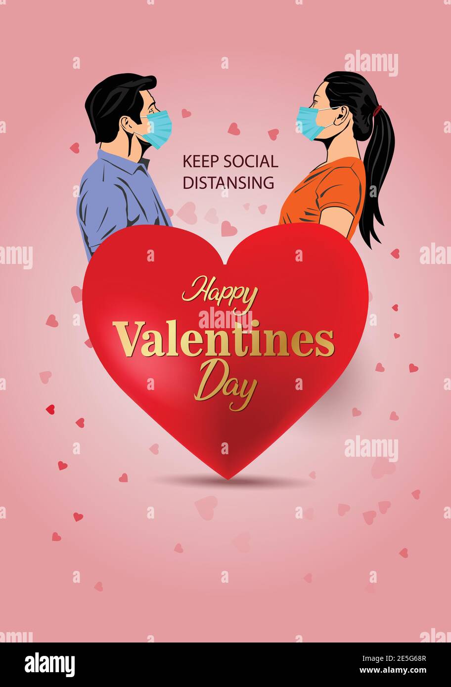 felice giorno di san valentino poster cuore rosso con coppia indossare maschera viso. covid-19, coronavirus concetto. disegno vettoriale illustrazione Illustrazione Vettoriale