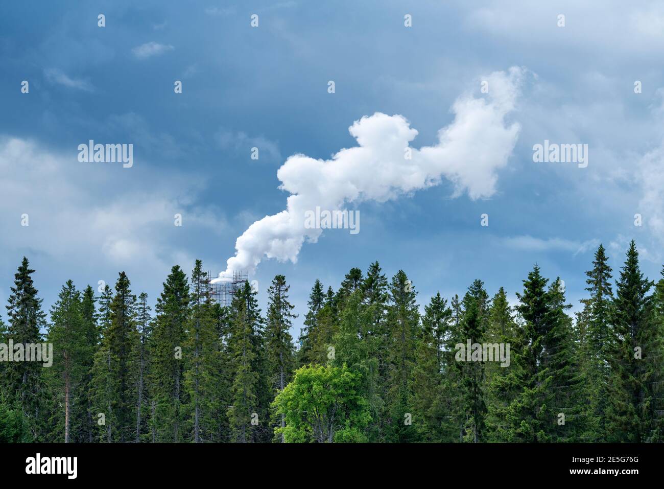 Fumo plume da industria che emette gas serra nell'atmosfera sullo sfondo degli alberi della foresta e cielo blu nuvoloso. Foto Stock