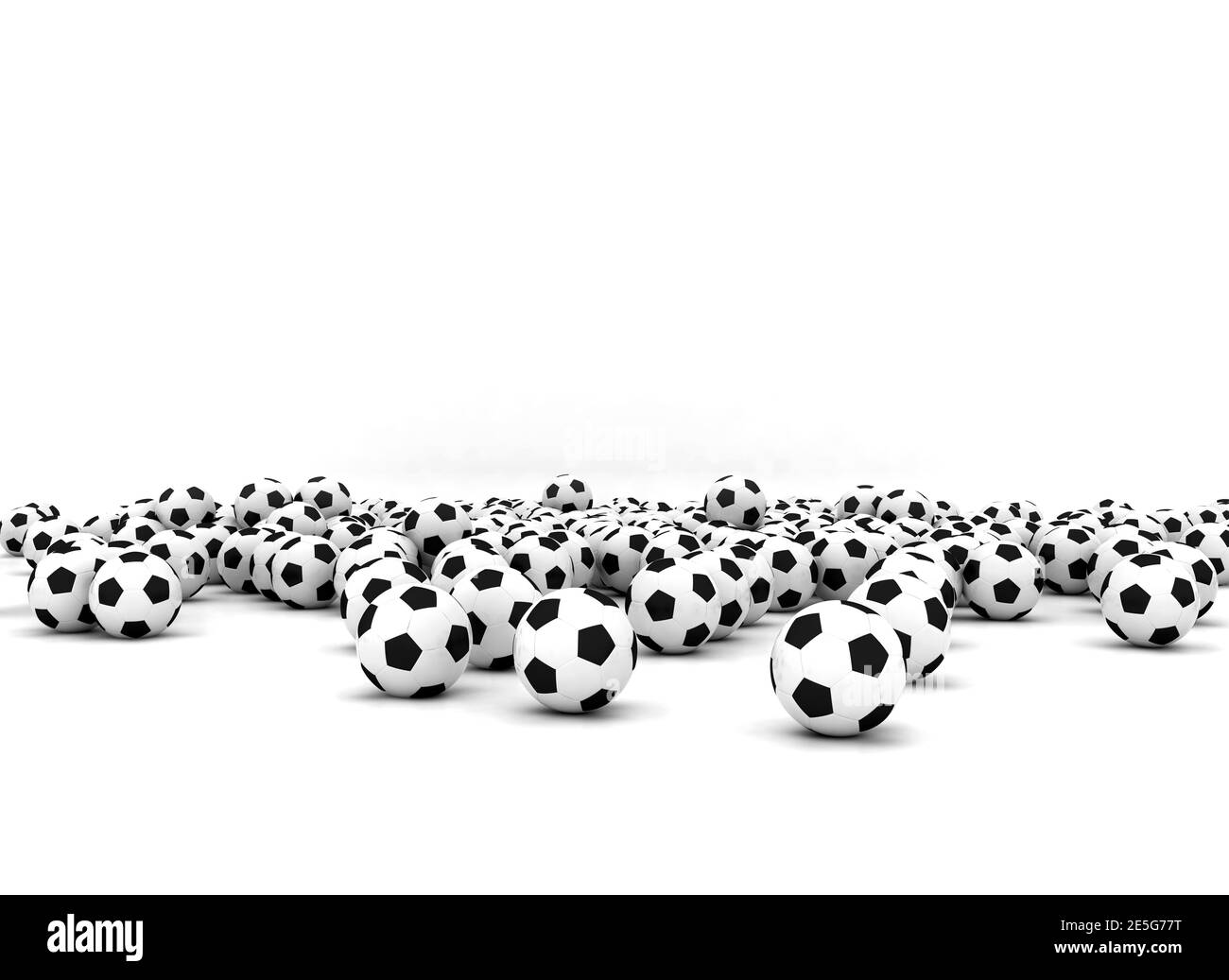 Palline da calcio su sfondo bianco. Grande gruppo di palline da calcio bianche e nere Foto Stock