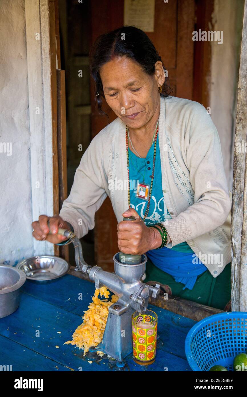 Spremuta fresca a mano della signora sul circuito di Annapurna, Nepal Foto Stock