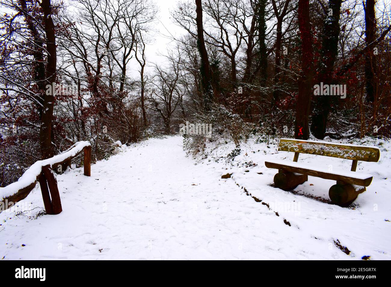 innevato in panchina del parco Foto Stock
