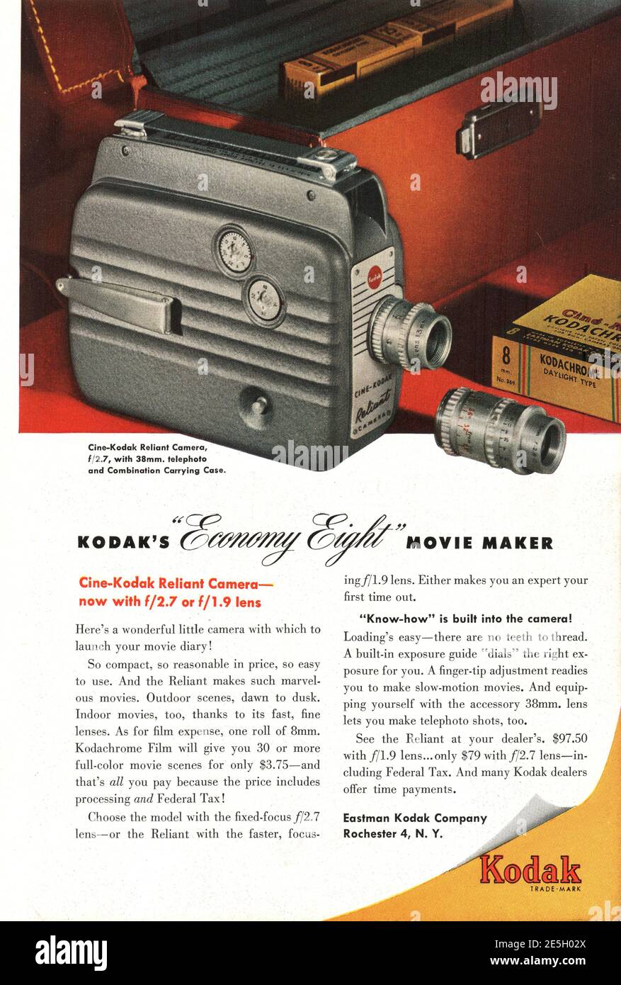 1950 US Pubblicità Kodak Cine Camera Foto Stock
