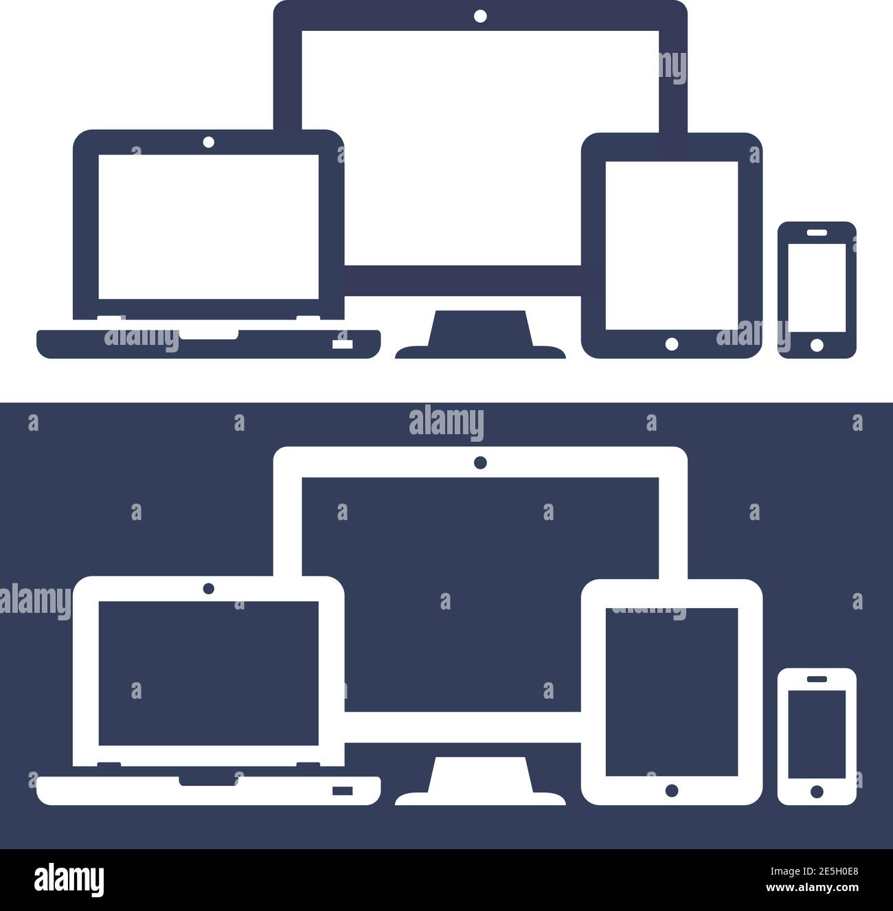 Icone smartphone, tablet, computer portatile e desktop isolati su sfondo bianco e scuro. Illustrazione vettoriale del web design reattivo. Illustrazione Vettoriale