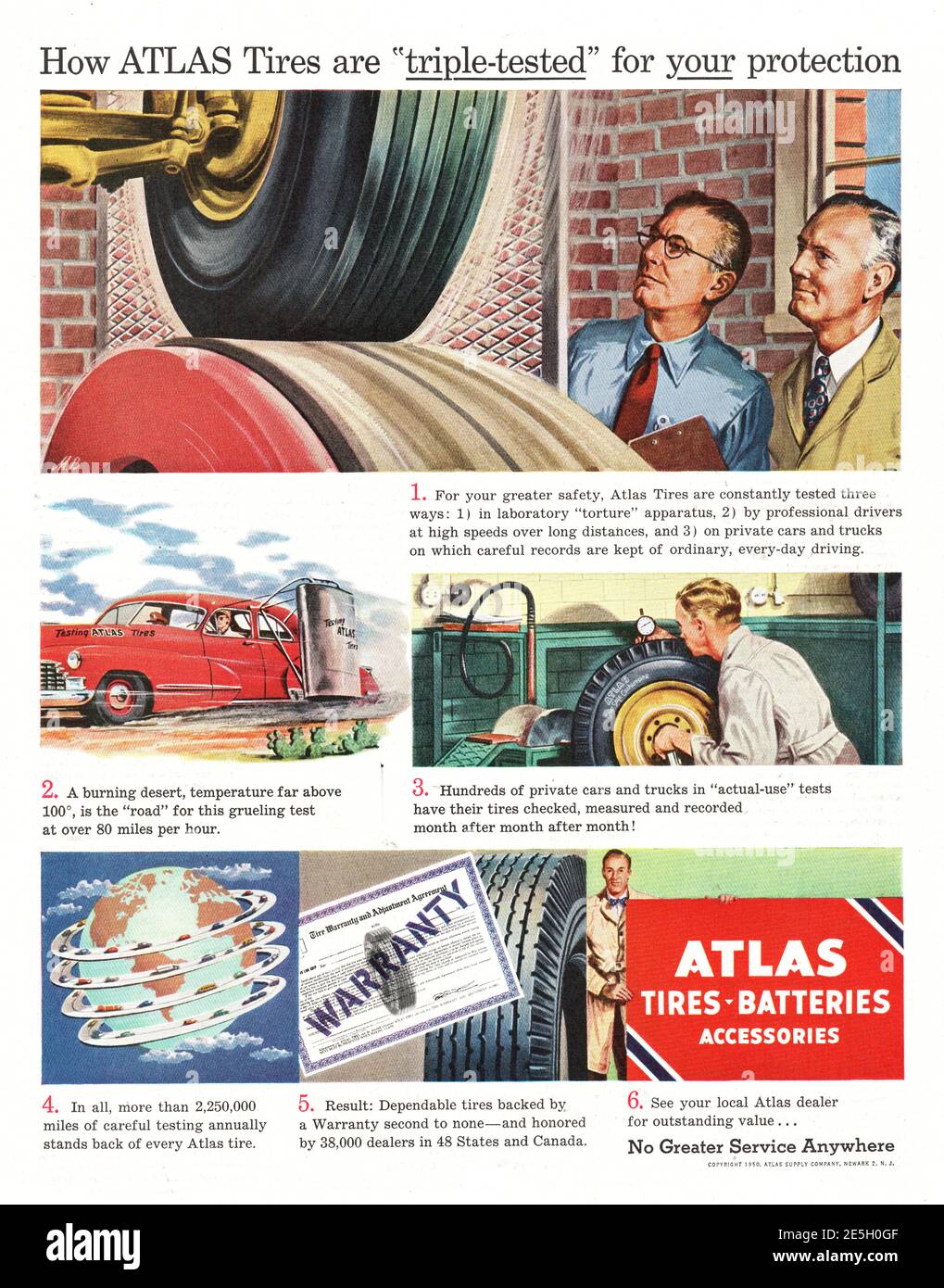 1950 Pubblicità Atlas Tyres della rivista britannica Foto Stock