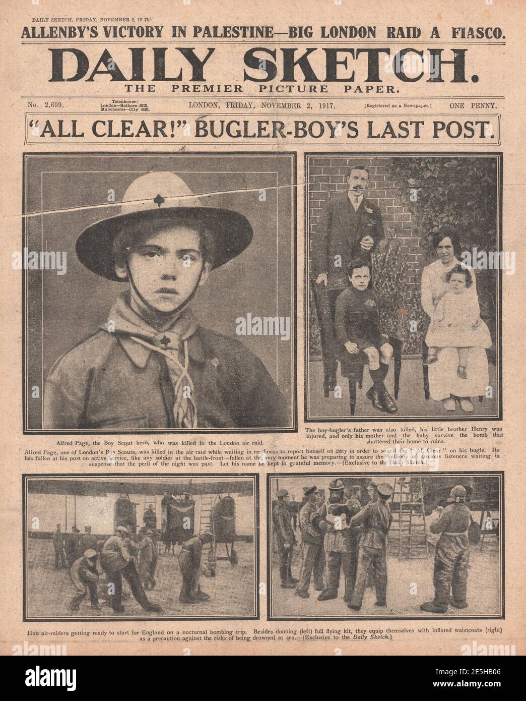 1917 Daily Sketch Boy Scout ucciso in Air RAID Foto Stock
