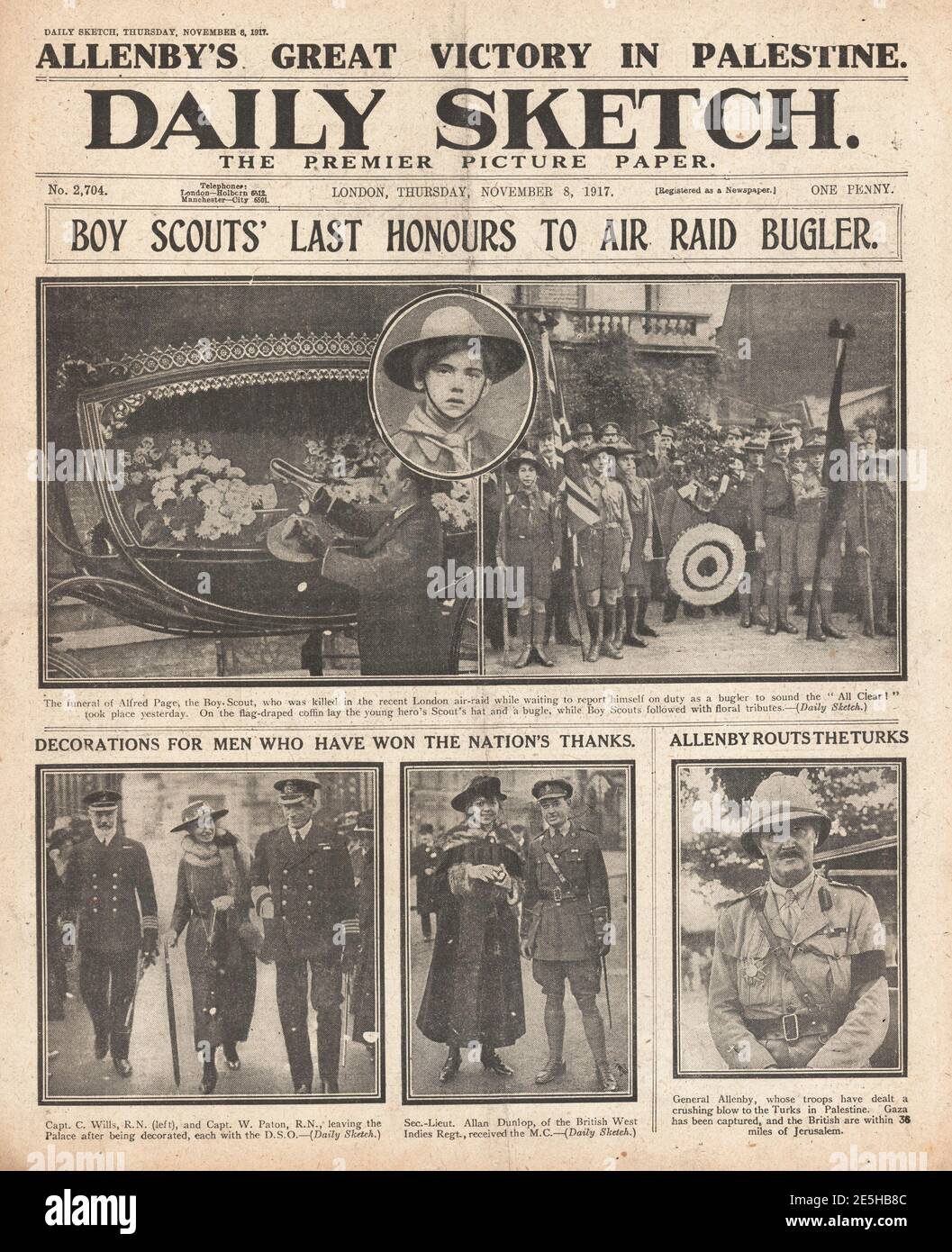 1917 funerale di schizzo giornaliero di Boy Scout ucciso in aria RAID Foto Stock