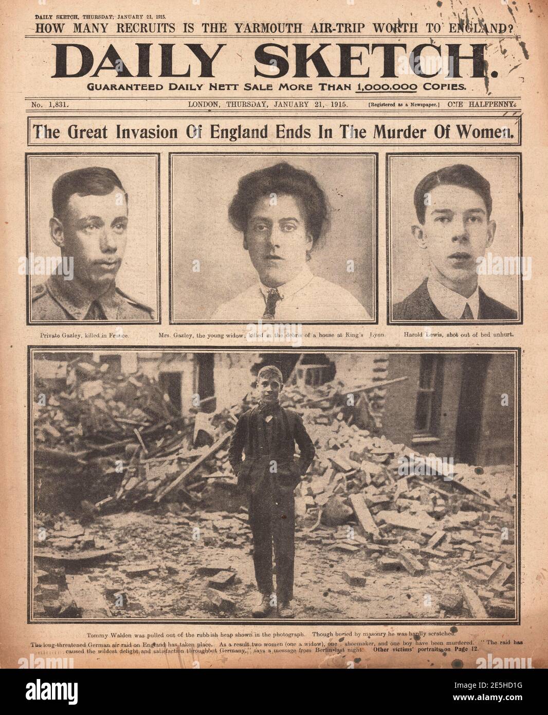 1915 Daily Sketch zeppelin raid sulle città della costa orientale Foto Stock