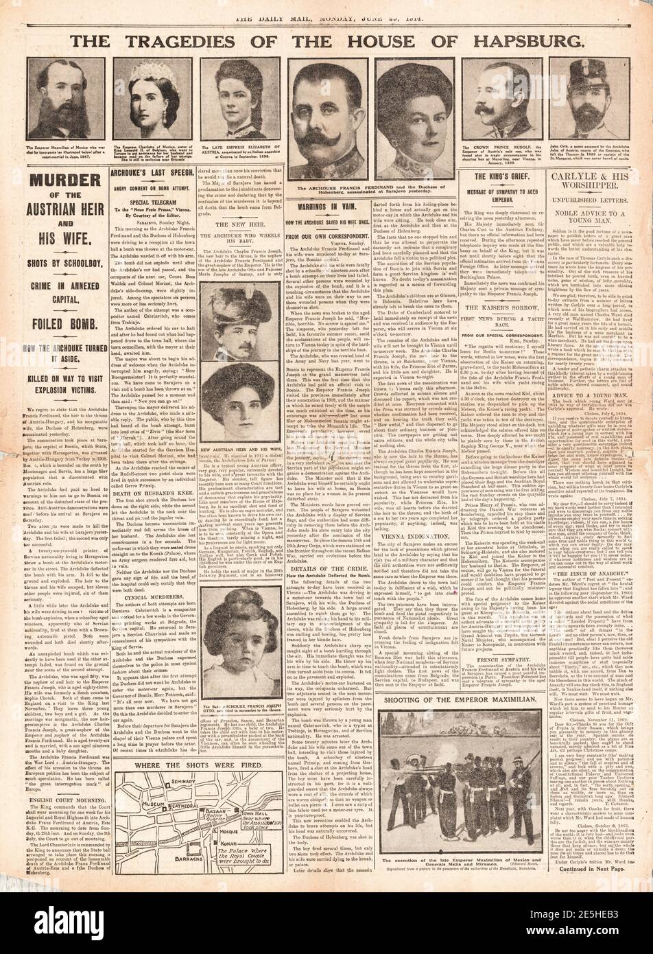 1914 assassinio di Daily Mail dell'arciduca Franz Ferdinand dell'Austro-Ungheria Foto Stock