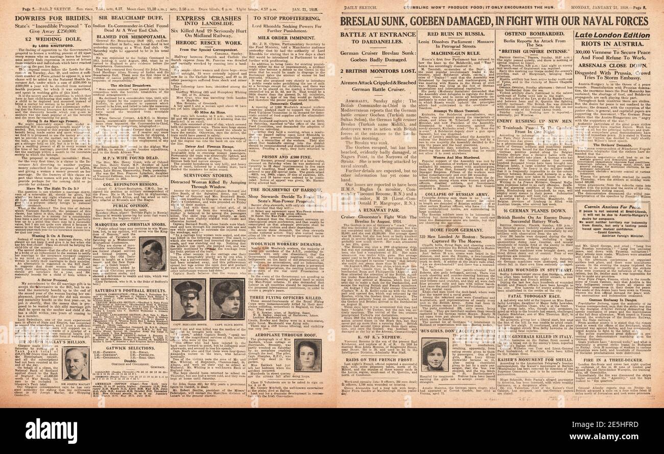 1918 Daily Sketch affondamento dell'incrociatore tedesco SMS Breslau Foto Stock
