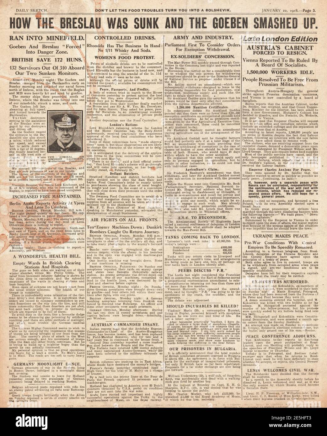 1918 Daily Sketch affondamento di incrociatori tedeschi SMS Breslau e. Goeben Foto Stock