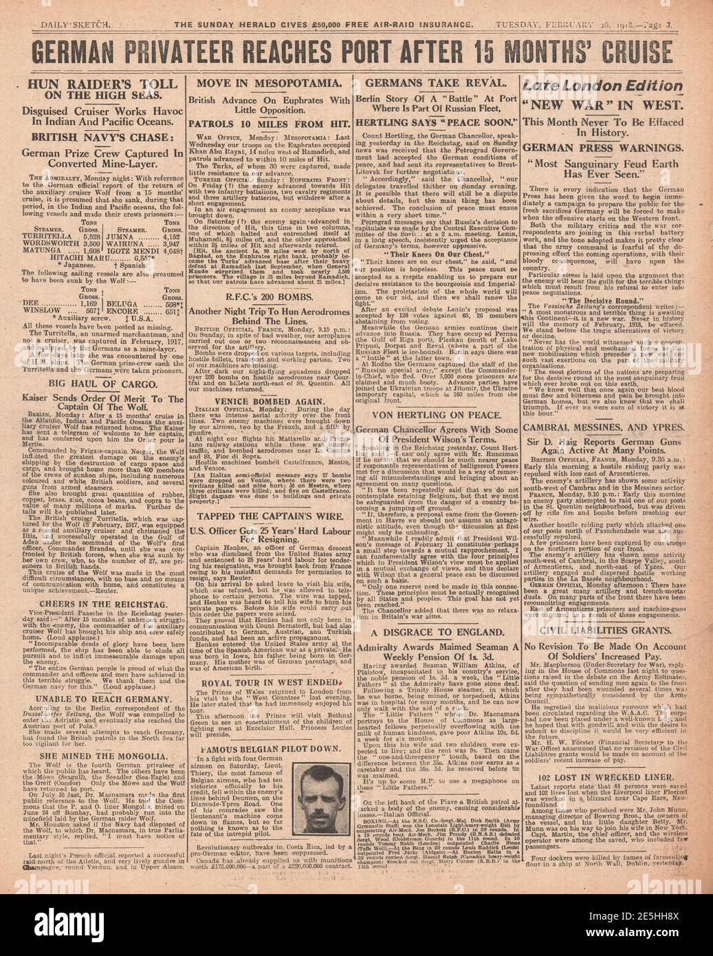 1918 Daily Sketch Merchant Raider SMS Wolf ritorna in Germania Foto Stock