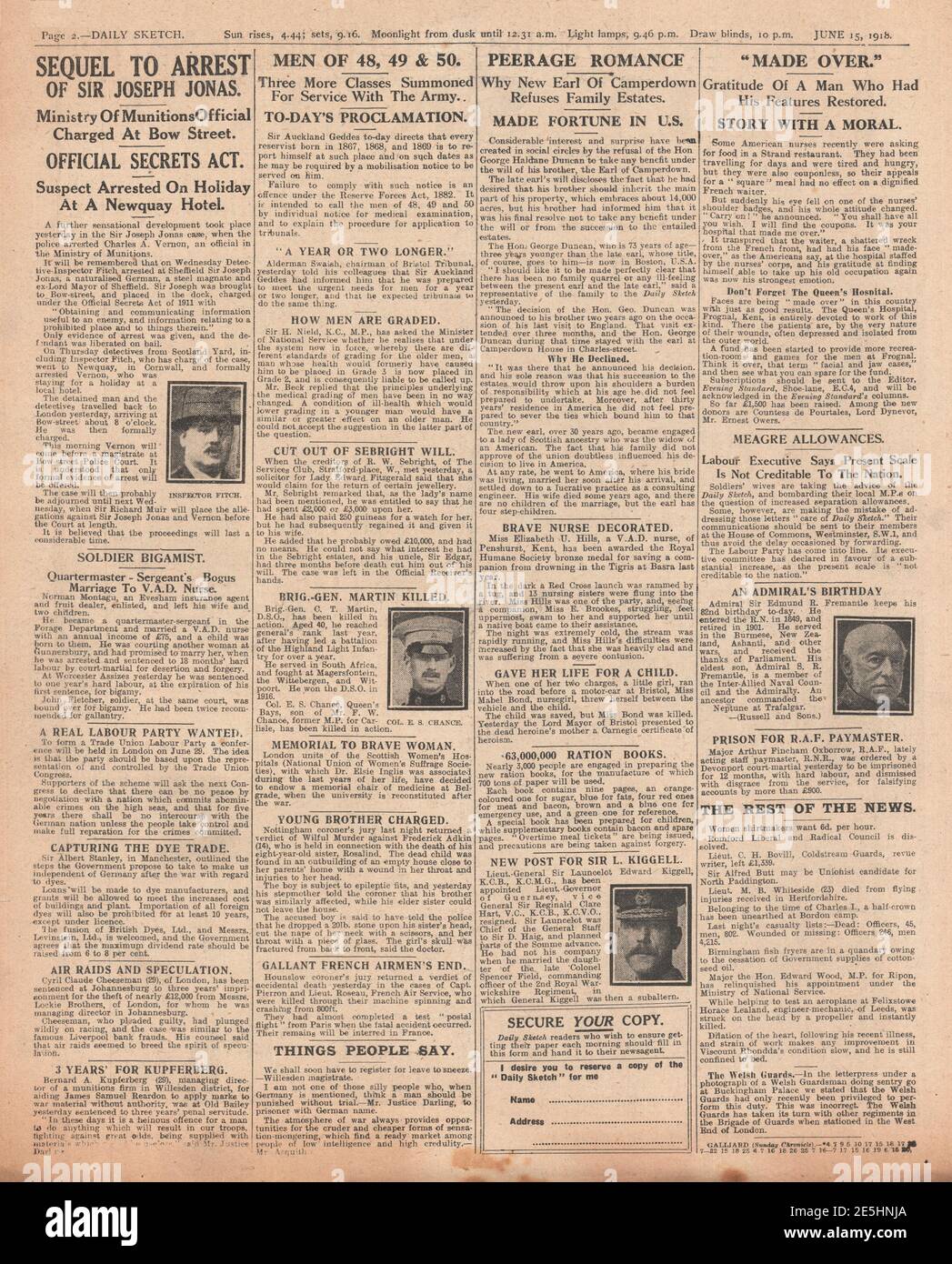 1918 Daily Sketch Joseph Jonas accusato ai sensi del Official Secrets Act Foto Stock