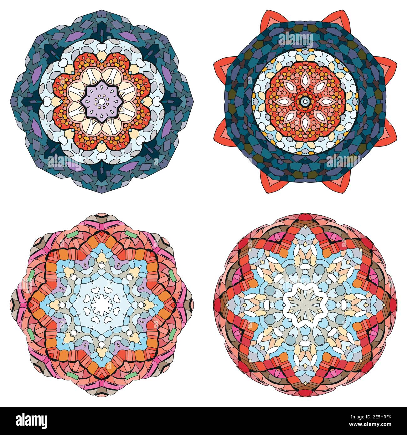 Disegno artistico dipinto a mano. Colore disegno a mano illustrazione Set di 4 mandala per decorazione Illustrazione Vettoriale