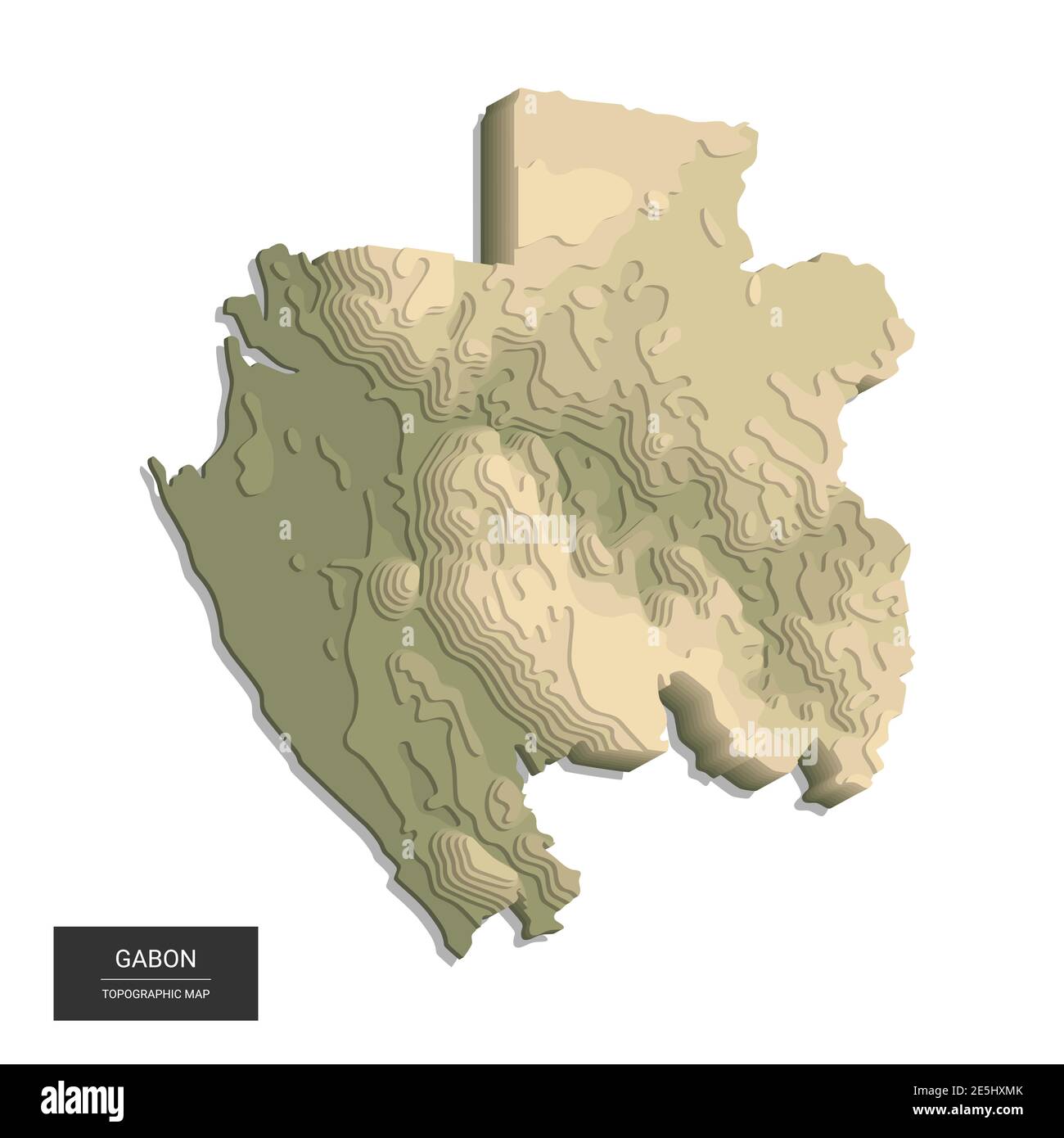 Mappa Gabon - Mappa topografica digitale 3D ad alta quota. Illustrazione vettoriale 3D. Rilievo colorato, terreno accidentato. Cartografia e topologia. Illustrazione Vettoriale