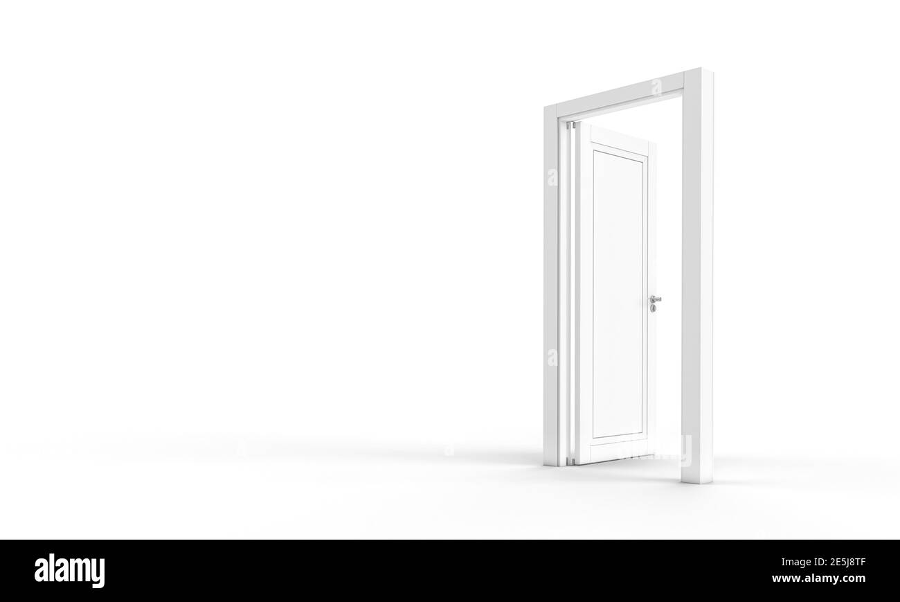 aprire la porta bianca su uno sfondo bianco, nessuno intorno. rendering 3d. Foto Stock