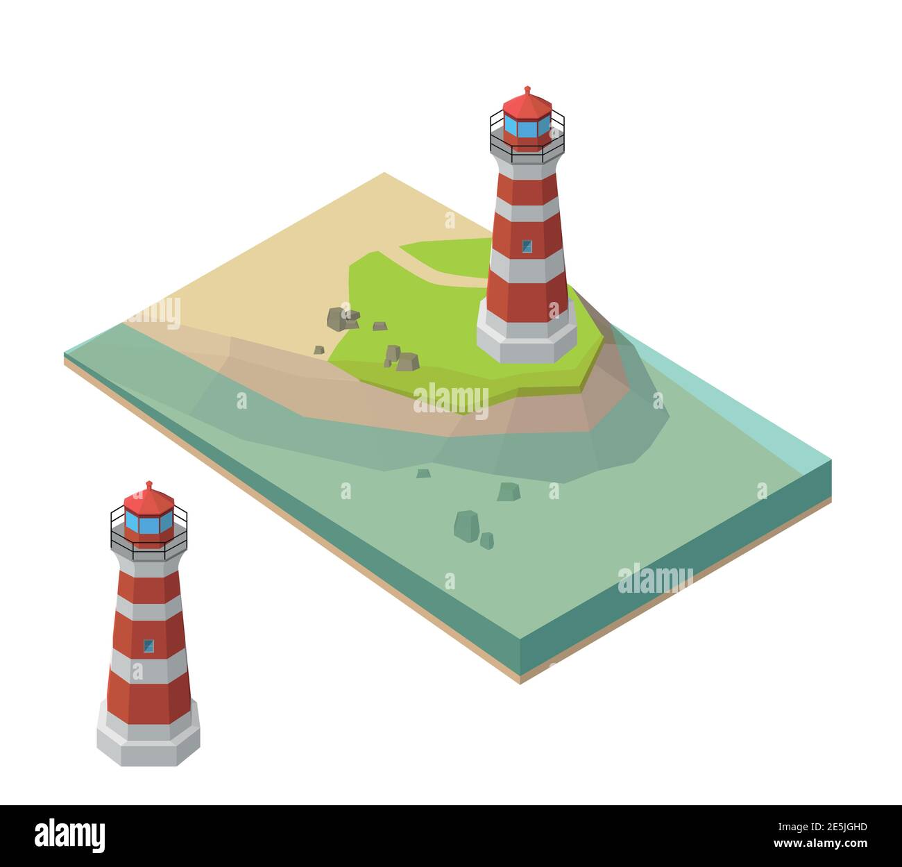 Paesaggio vettoriale isometrico che rappresenta il faro sulla piccola isola vicino al mare. Illustrazione Vettoriale