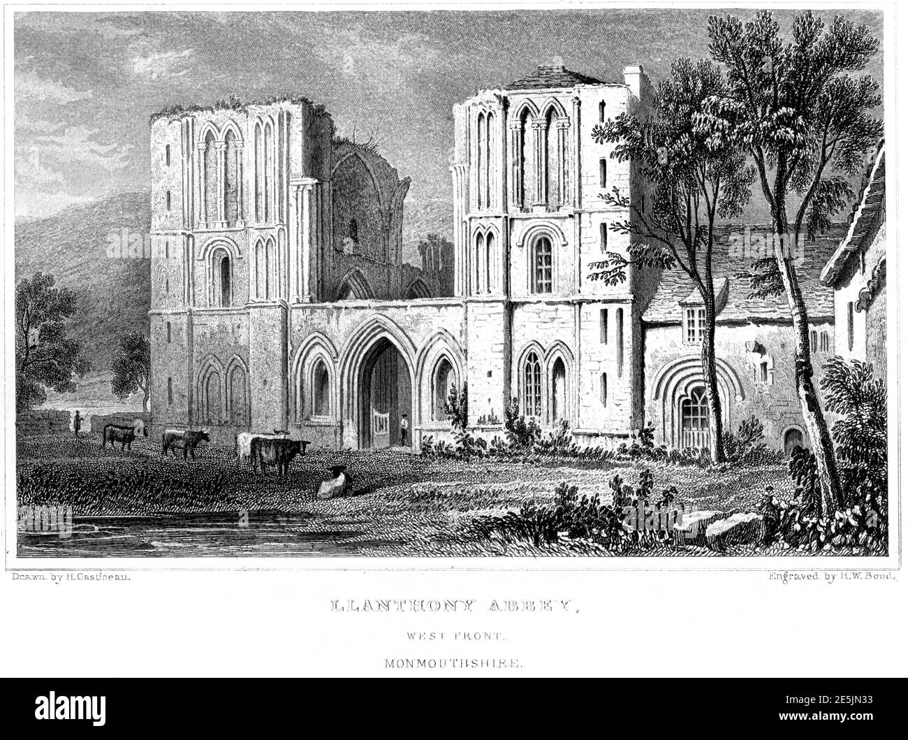 Un'incisione di Llanthony Abbey (Priorato), West Front, Monboccuthshire scansionato ad alta risoluzione da un libro pubblicato nel 1854. Creduto esente da copyright. Foto Stock