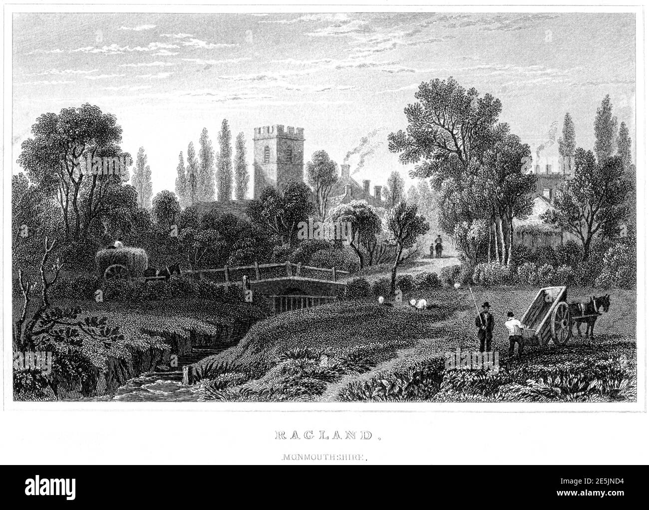 Un'incisione di Ragland (Raglan) Monmouthshire scansionato ad alta risoluzione da un libro pubblicato nel 1854. Creduto esente da copyright. Foto Stock