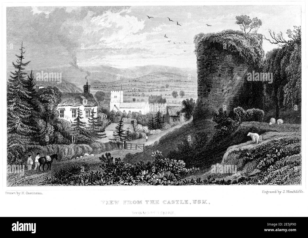 Un'incisione del The View from the Castle, Usk, Monmouthshire scansionò ad alta risoluzione da un libro pubblicato nel 1854. Creduto esente da copyright. Foto Stock
