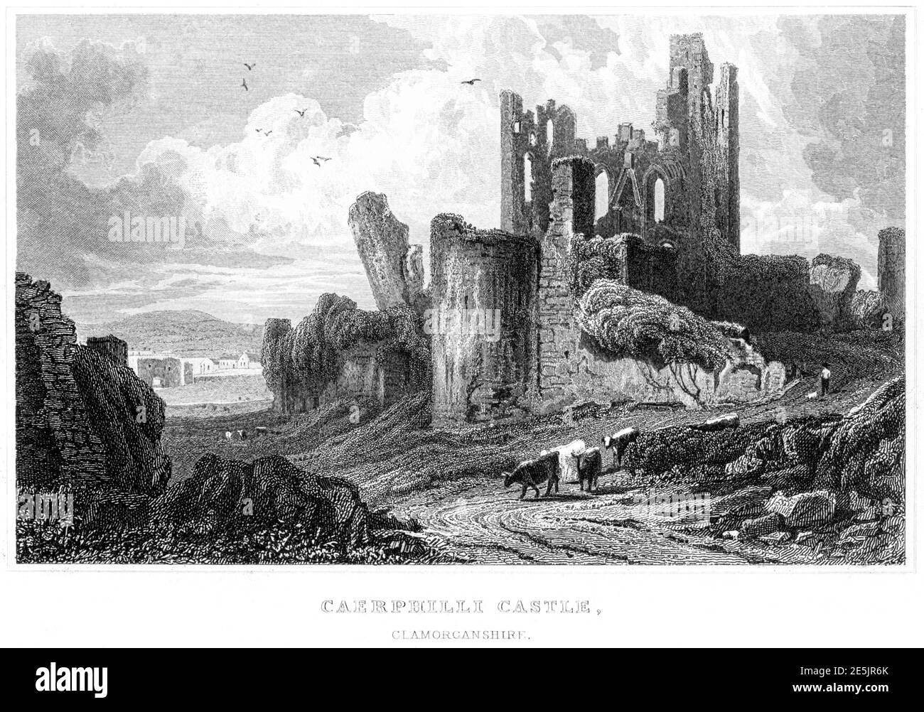 Incisione del castello di Caerphilli (Caerphilly), Glamourganshire ha fatto la scansione ad alta risoluzione di un libro pubblicato nel 1854. Creduto esente da copyright. Foto Stock