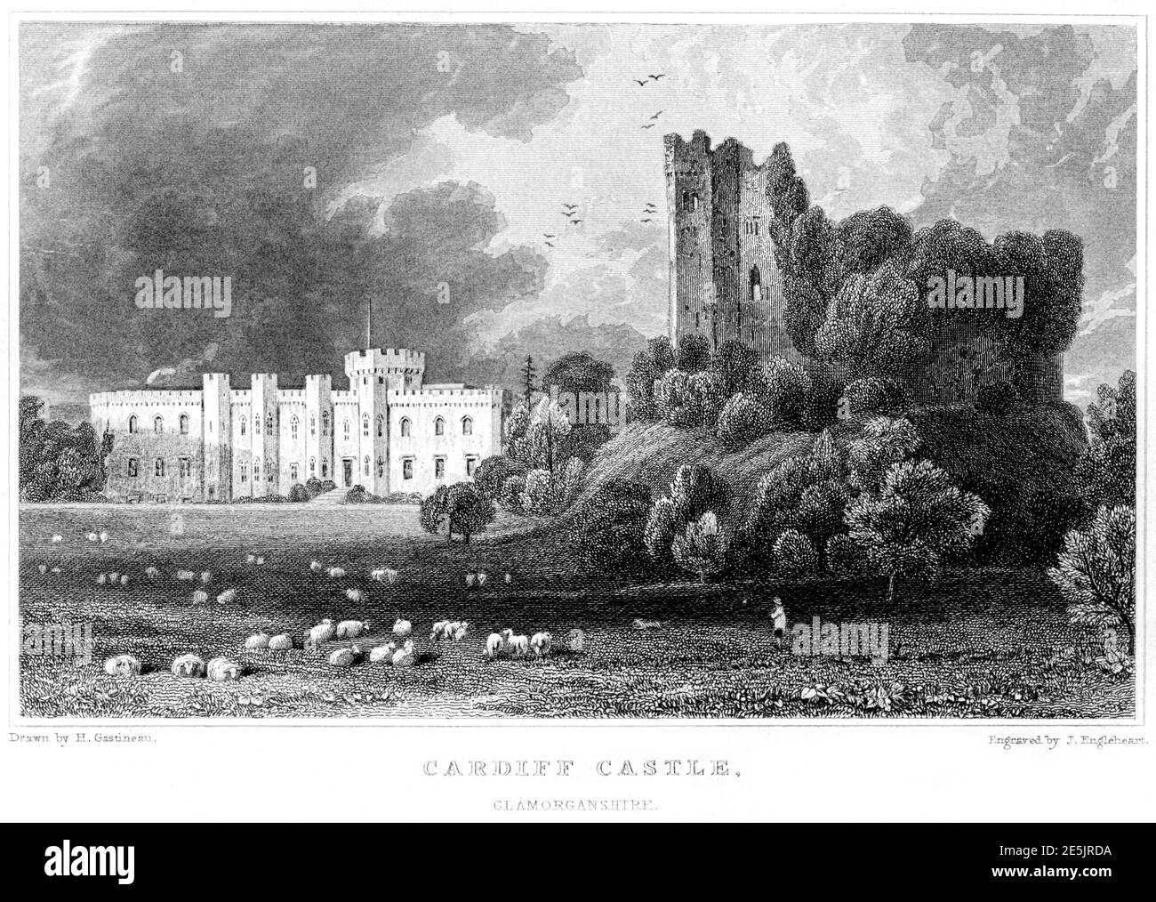 Incisione del Castello di Cardiff, Glamorganshire ha fatto la scansione ad alta risoluzione di un libro pubblicato nel 1854. Creduto esente da copyright. Foto Stock