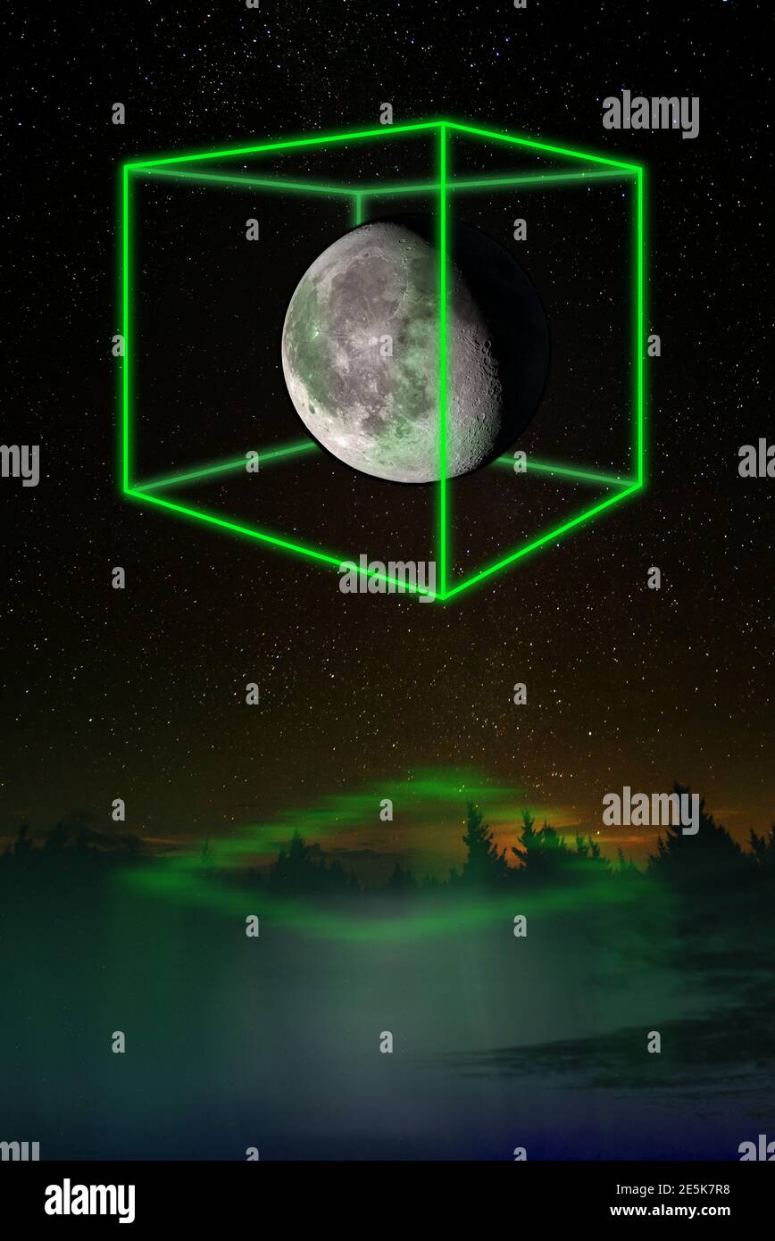 Luce a cubo futuristico intorno alla luna, luce notturna aggiuntiva sotto forma di luce al neon. Il concetto di futuro tecnologico. Elementi di questo im Foto Stock