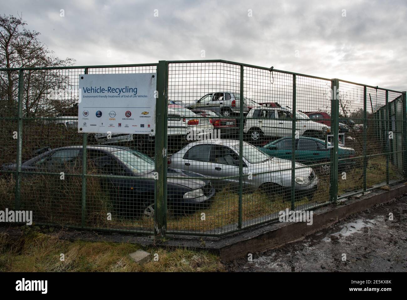 Listowel, Irlanda - 7 gennaio 2021: Pila di vecchie auto scartate in un cantiere navale. Foto Stock