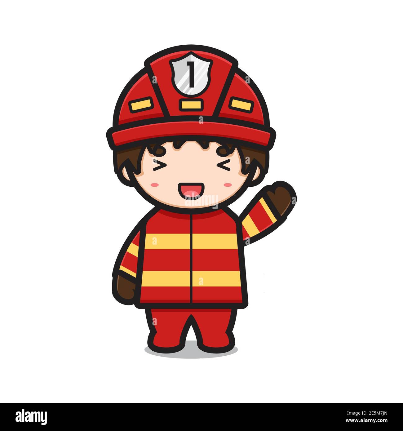 Simpatico personaggio fuoco combattente ondeggiante mano cartoon vettore icona illustrazione. Concetto di icona professione vettore isolato. Stile cartoon piatto Foto Stock