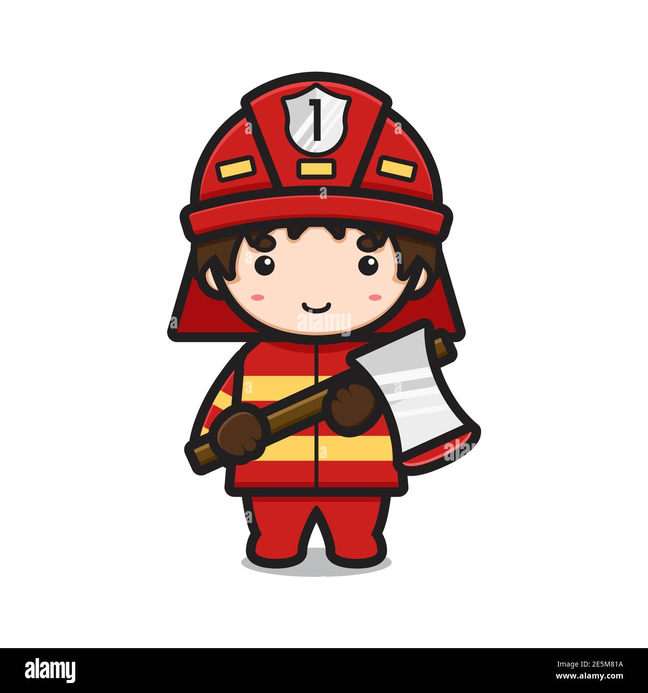 Simpatico personaggio di caccia al fuoco che tiene l'immagine icona vettore cartoon ascia. Concetto di icona professione vettore isolato. Stile cartoon piatto Foto Stock