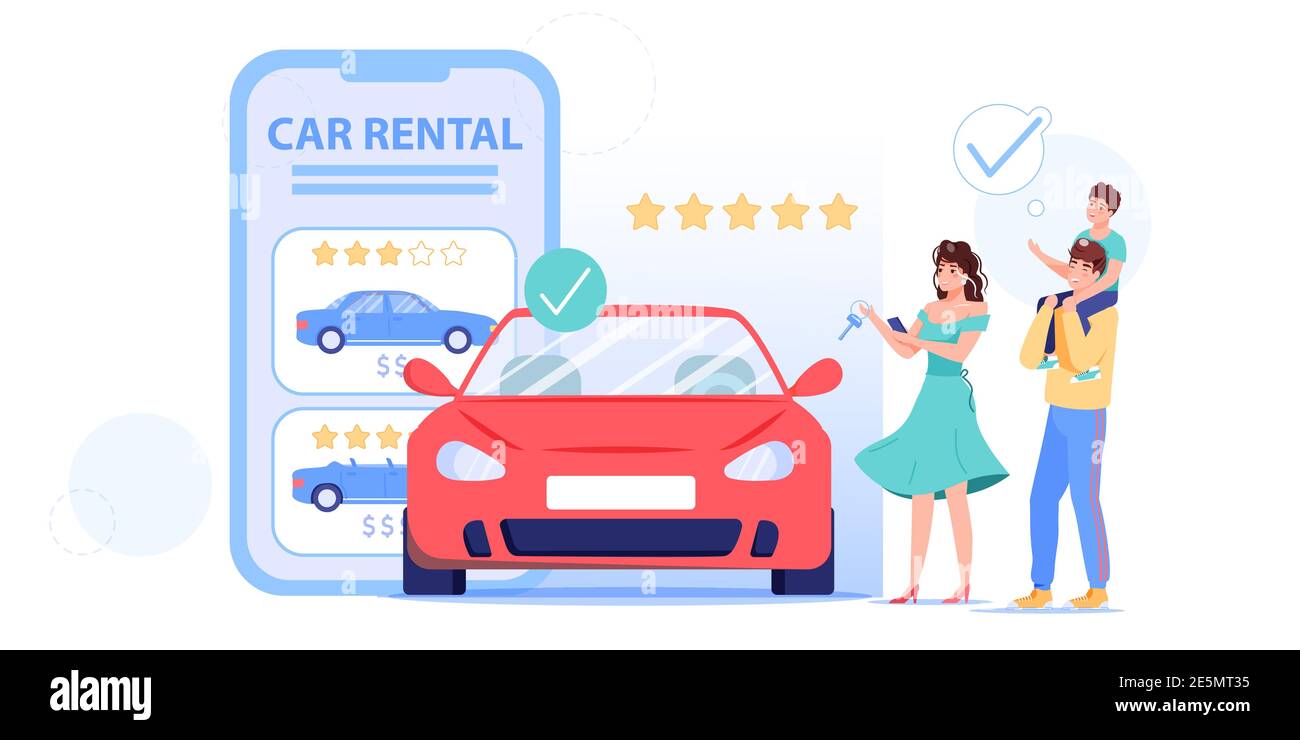 I personaggi della famiglia dei cartoni animati flat noleggiano auto con app mobile, illustrazione vettoriale concetto Illustrazione Vettoriale