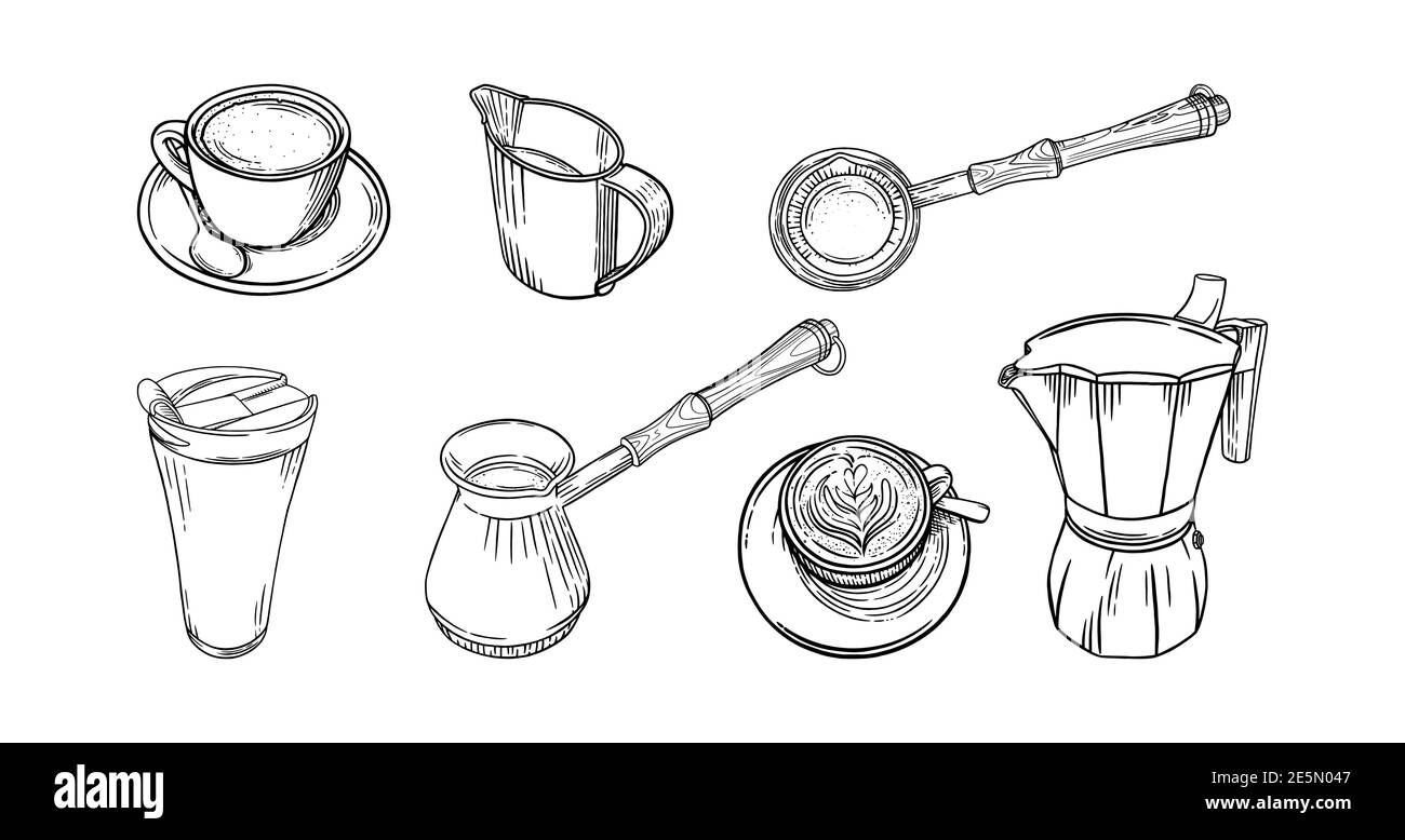 Il set per il caffè consente di preparare tazze, pentole e macchina per il caffè. Grande set di accessori per caffè per cappuccino o caffè americano. Illustrazione vettoriale Illustrazione Vettoriale