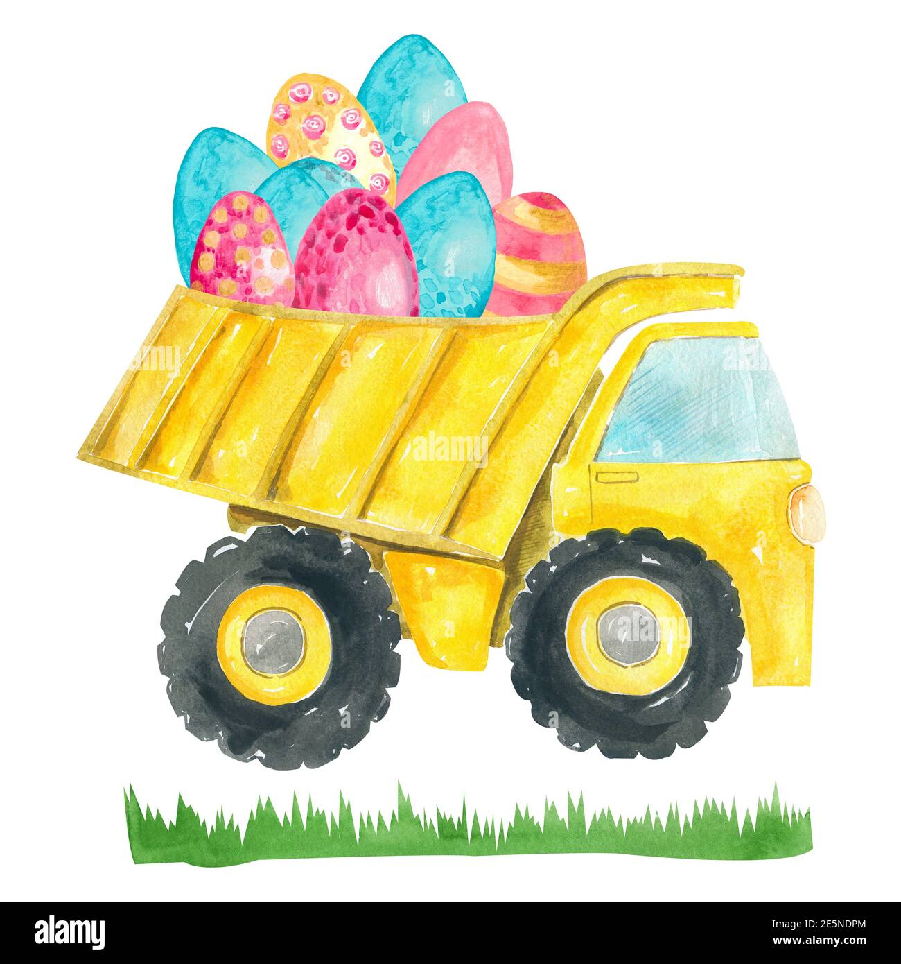 Camion giallo con uova di Pasqua su sfondo bianco. Design per bambini per decorazione camera, cartoline, T-shirt, tazze, carte, poster Foto Stock