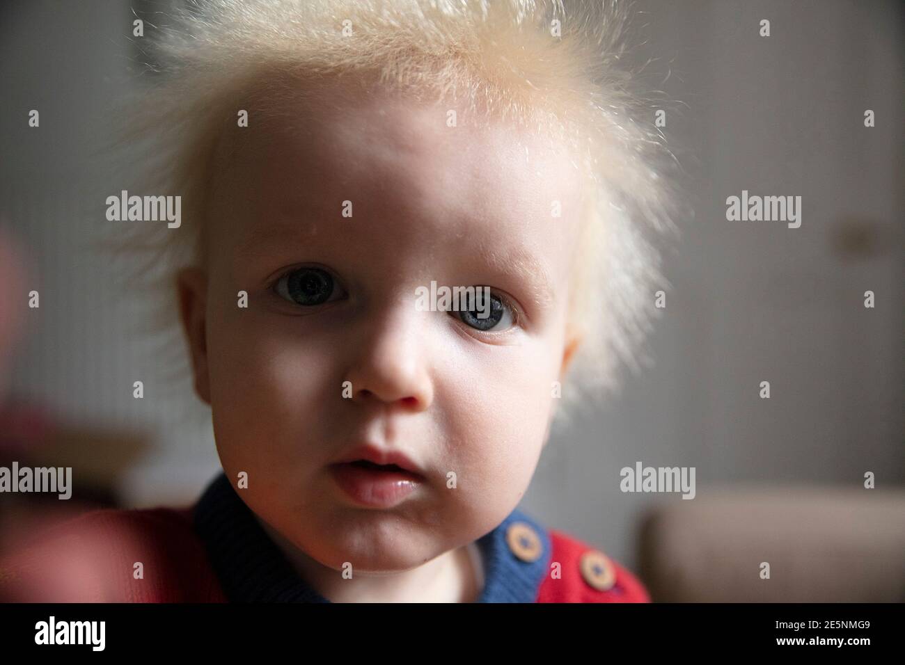 Primo piano di un bambino che guarda direttamente a. fotocamera con grandi occhi blu Foto Stock