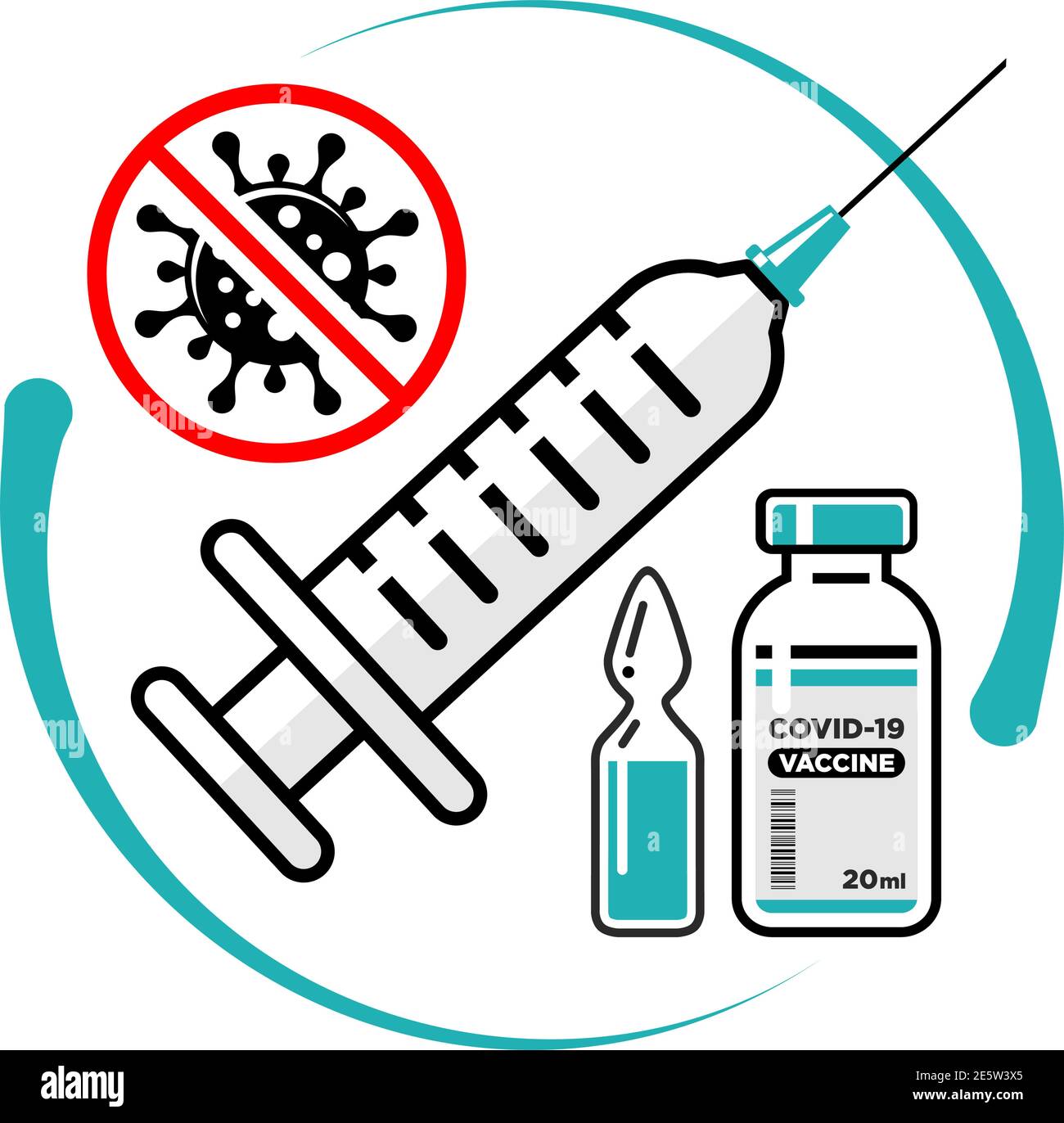 COVID-19 concetto di vaccinazione globale. Siringa medica con ago, flacone e flacone con il farmaco, segnale di avvertimento Stop coronavirus. Vettore su trasparente Illustrazione Vettoriale