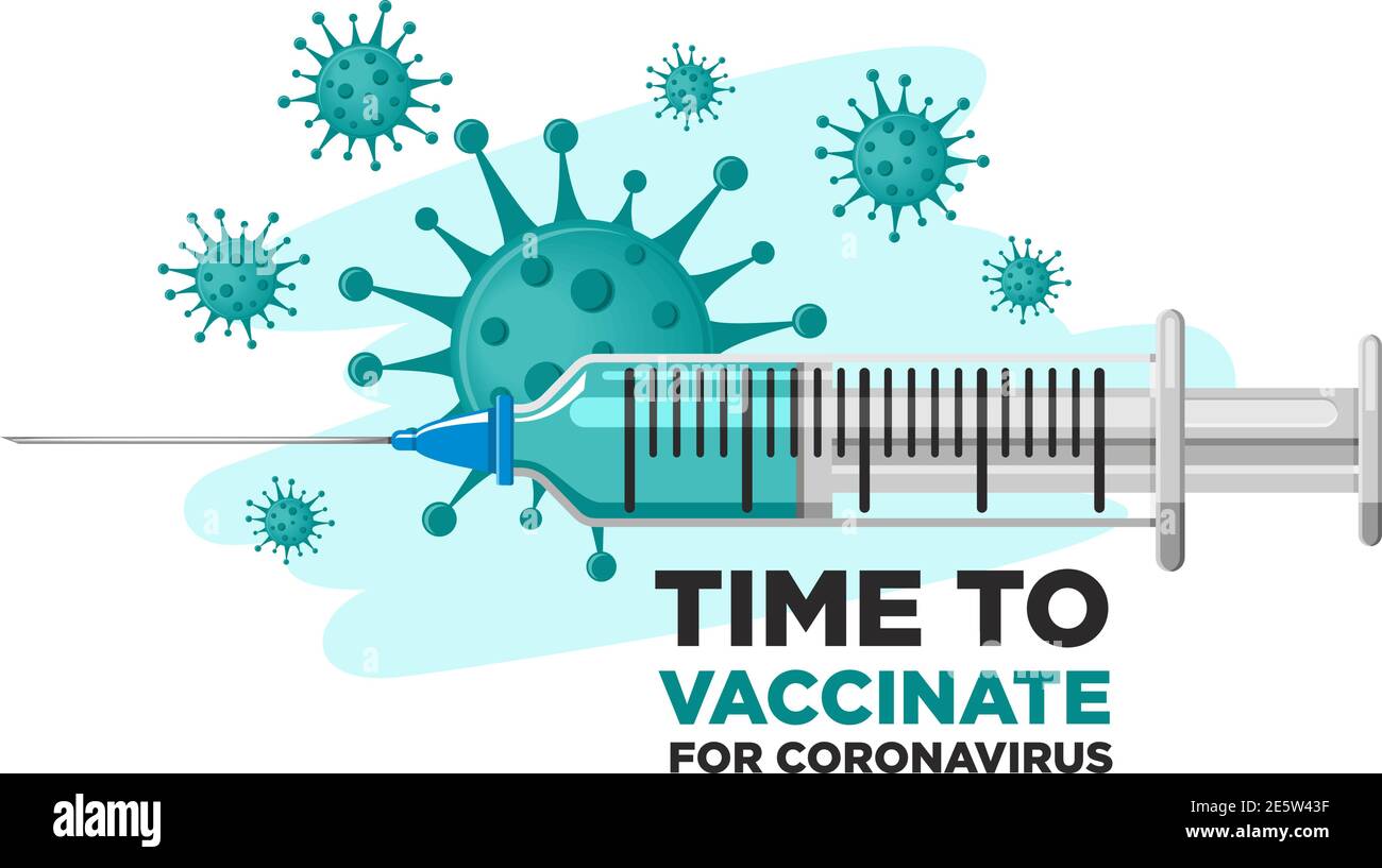 Concetto di protezione antivirus. Tempo di vaccinare. Disegno realistico di una siringa con un vaccino e batteri del coronavirus. Design piatto, vettoriale Illustrazione Vettoriale