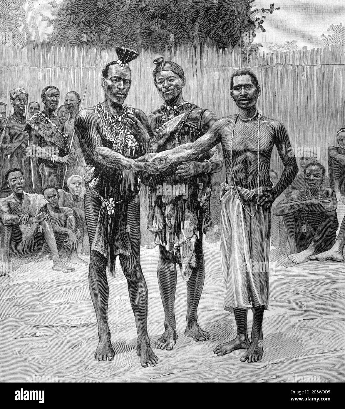 Cerimonia dei Fratelli del sangue che si è condivisa con sangue e che ha agitato le mani nel Costa d'Avorio Africa occidentale 1903 immagine d'epoca o incisione Foto Stock