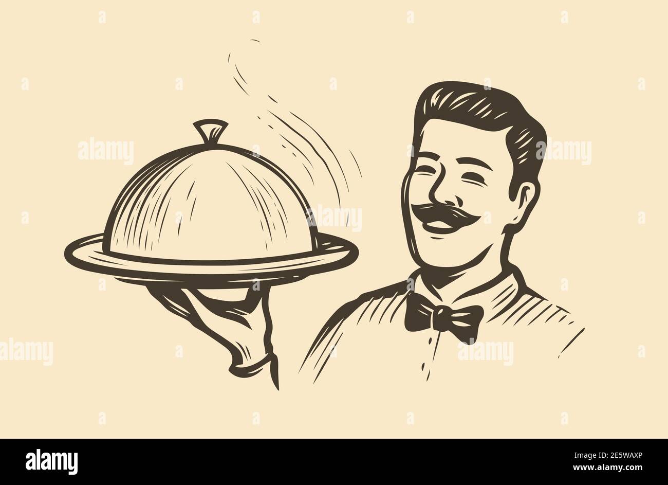 Cameriere che tiene un vassoio. Ristorante, concept di cibo disegno vintage vettore illustrazione Illustrazione Vettoriale