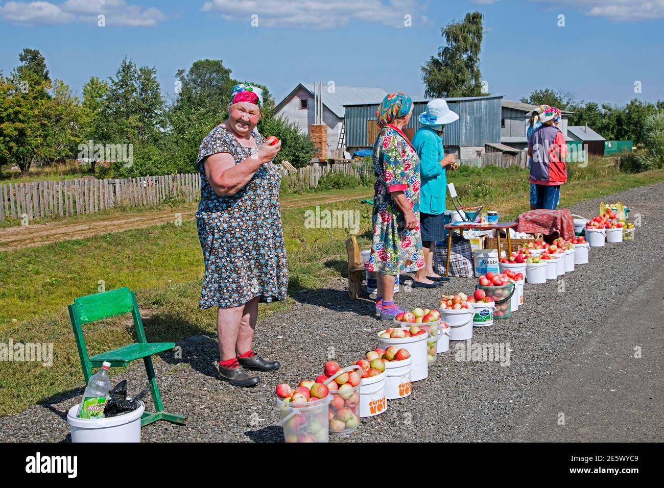 Donne russe anziane che vendono mele lungo la strada nella rurale Nizhny Novgorod Oblast, Russia Foto Stock