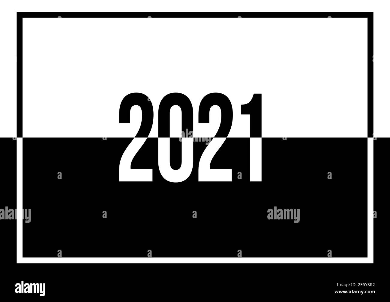 Un'illustrazione del testo "2021" in bianco e nero chiara e in grassetto design concettuale che simboleggia la polarizzazione e la dualità con lo spazio di copia Foto Stock