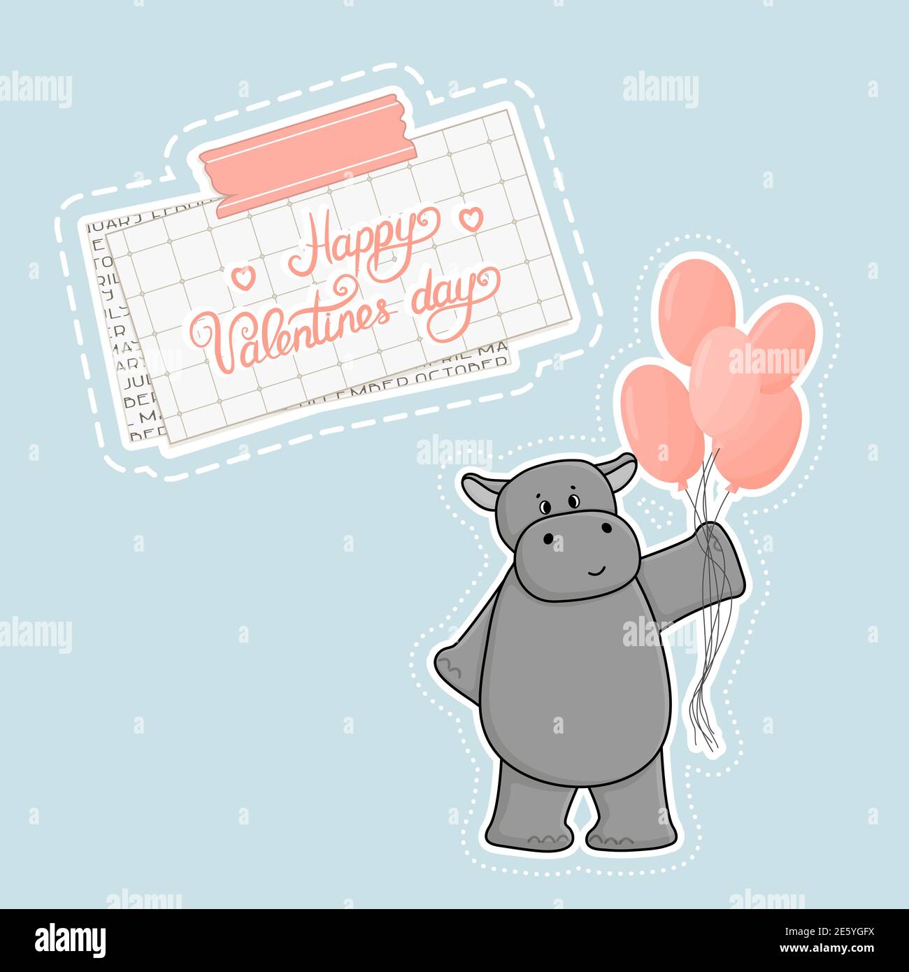 Happy San Valentino testo scritta su pezzo di carta squadrata e giornale sotto il nastro di washi. L'ippopotamo grigio contiene palloncini a gas rosa per alcuni holi Illustrazione Vettoriale