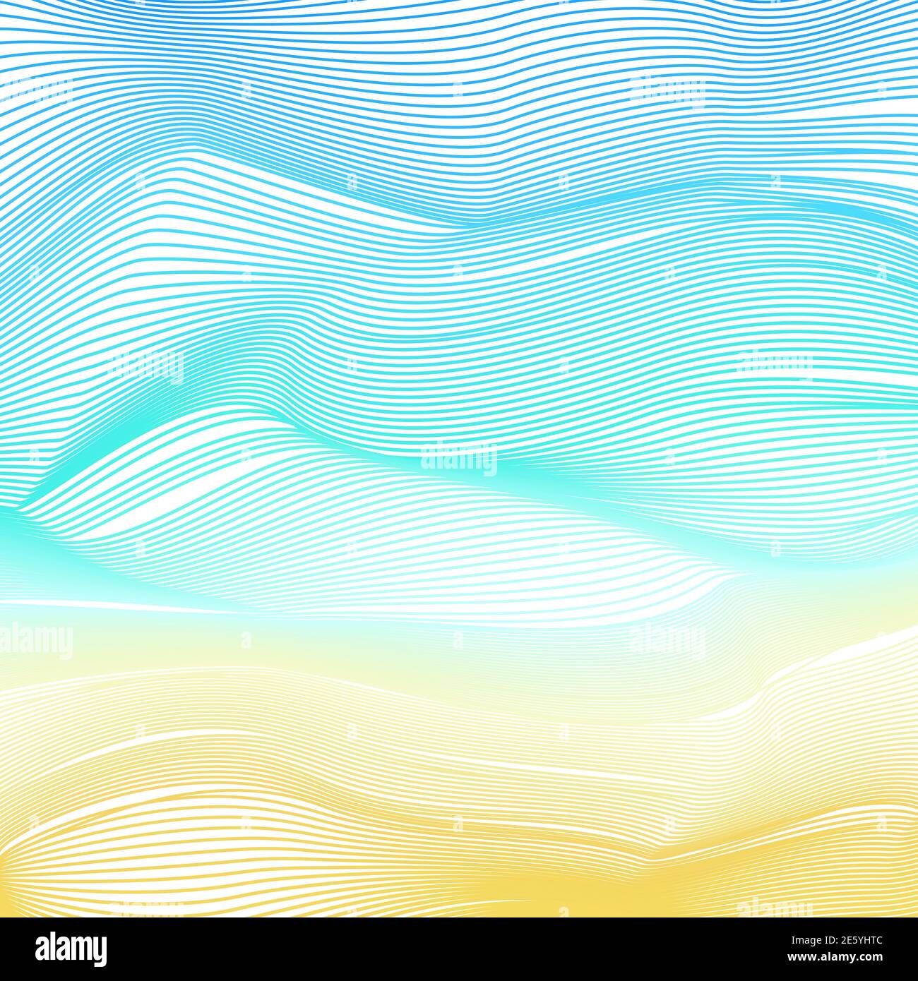 Linee gialle, turchesi, blu ondulate. Spiaggia di sabbia, onde marine, concetto di Sky art. Sfondo multicolore. Pattern vettoriale astratto, gradiente luminoso. EPS10 Illustrazione Vettoriale