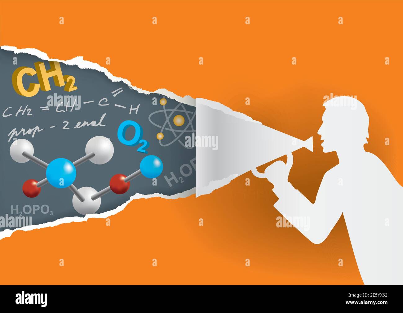 Insegnante di chimica, apprendimento a distanza, concetto di formazione online. Silhouette maschile con carta da rippaggio megafono con simboli chimici. Illustrazione Vettoriale