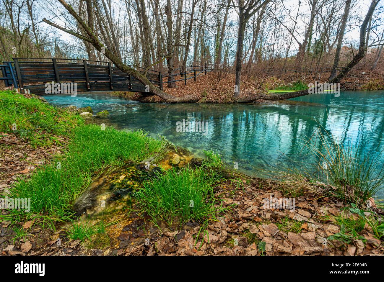 Le acque blu-verdi, dell'oasi naturale di Lavino, indicano la presenza di sorgenti termali di acqua sulfurea. Provincia di Pescara, Abruzzo Foto Stock
